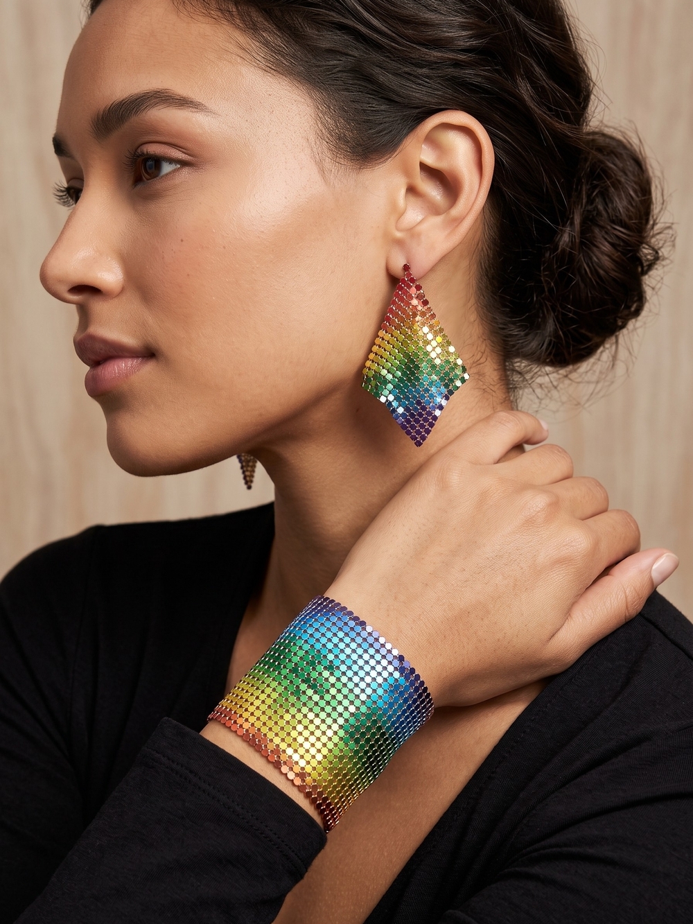 NWT Joe Fresh Rainbow Metal Mesh Earrings & Cuff Set Y2K Disco Glam Pride